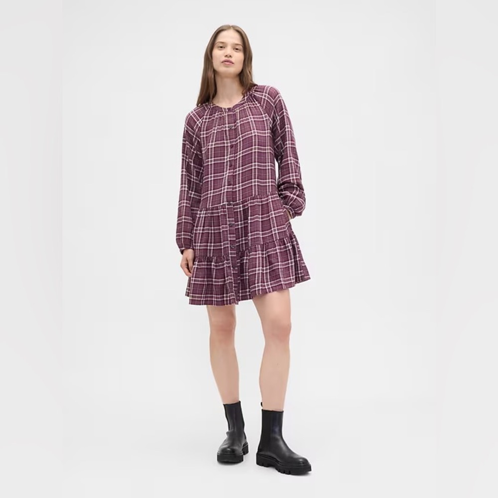 GAP Women’s Relaxed Flannel Shirtdress Size Large in White Purple Plaid